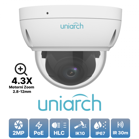 Uniarch 2MP Antivandal Dome IP kamera, Varifokalna, IK10, IR 30m Video nadzor