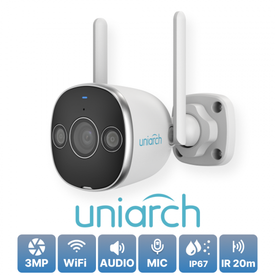 Brezžična Wi-Fi IP kamera Uniarch Uho-B2D-M3F3D s 3MP ločljivostjo, nočnim vidom in IP67 zaščito.
