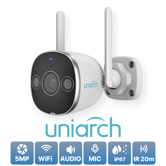 Brezžična Wi-Fi IP kamera Uniarch Uho-B2D-M5F3D s 5 MP ločljivostjo, nočnim vidom in IP67 zaščito.