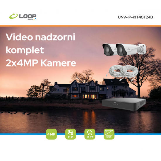 VIDEO NADZORNI KOMPLET 2x4MP: 1x PoE snemalnik, 2x 4MP kamera, 2x 20m UTP kabla, Uniview