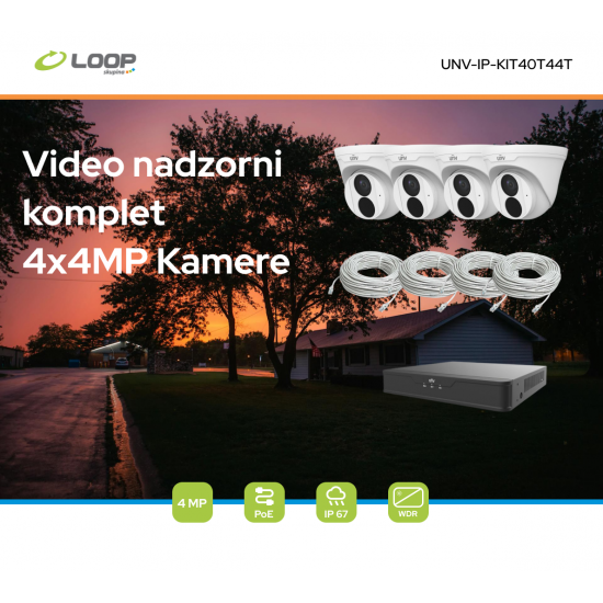 VIDEO NADZORNI KOMPLET 4x4MP: 1x PoE snemalnik, 4x 4MP Turret kamera, 4x 20m UTP kabla, Uniview