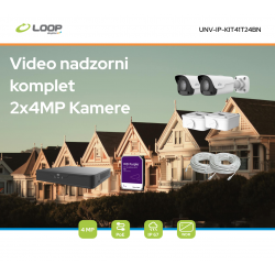 VIDEO NADZORNI KOMPLET 2x4MP: 1x PoE snemalnik, 2x 4MP kamera, 2x podnožja za kamere, 2x 20m UTP kabla, Uniview
