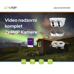 VIDEO NADZORNI KOMPLET 2x4MP: 1x PoE snemalnik, 2x 4MP Turret kamera, 2x podnožja za kamere, 2x 20m UTP kabla, Uniview