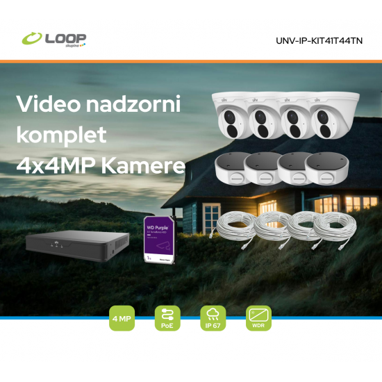 VIDEO NADZORNI KOMPLET 4x4MP: 1x PoE snemalnik, 4x 4MP Turret kamera, 4x podnožja za kamere, 4x 20m UTP kabla, Uniview