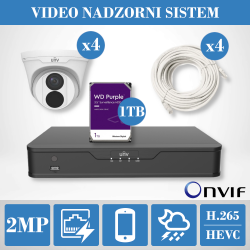 UNIVIEW, video nadzorni sistem – komplet vsebuje snemalnik, 4x Full HD 4MP kamera, 1TB WD PURPLE trdi disk in 4x 20m UTP kabl 